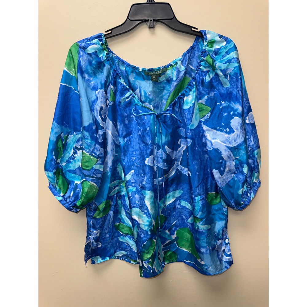 Lauren Ralph Lauren Blue Green Floral 100% Silk Balloon Sleeve Tie Blouse Large